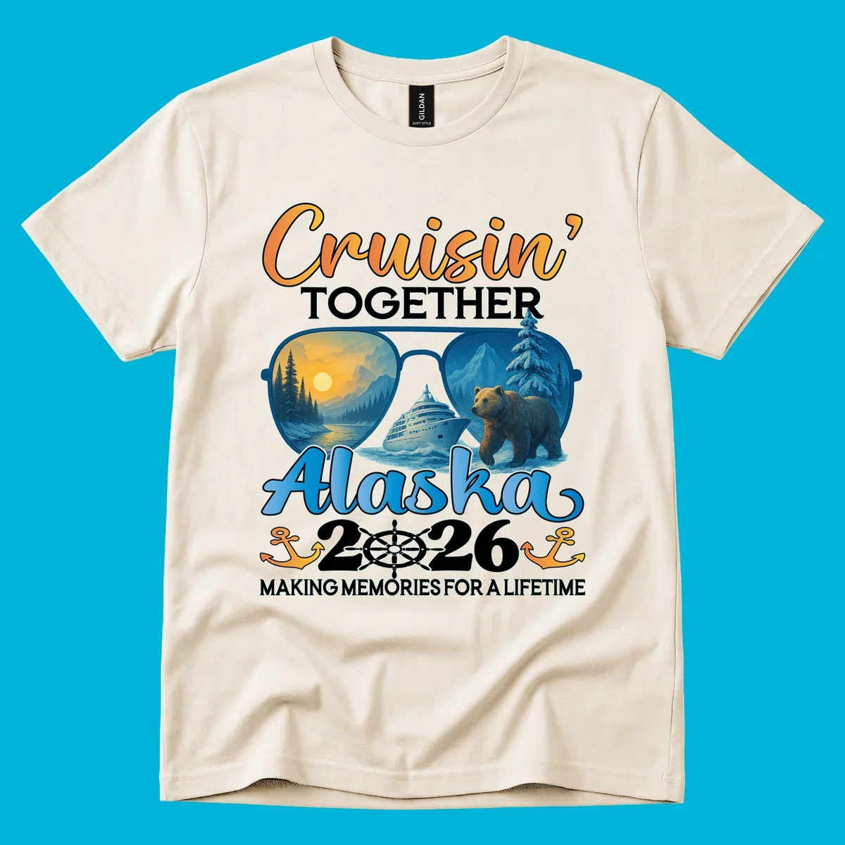 An illustrated design for an Alaska 2026 cruise featuring sunglasses reflecting a sunset and a bear with a cruise ship, along with "Cruisin' TOGETHER Alaska 2026" text.