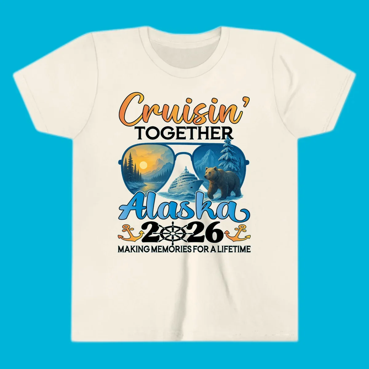 An illustrated design for an Alaska 2026 cruise featuring sunglasses reflecting a sunset and a bear with a cruise ship, along with "Cruisin' TOGETHER Alaska 2026" text.