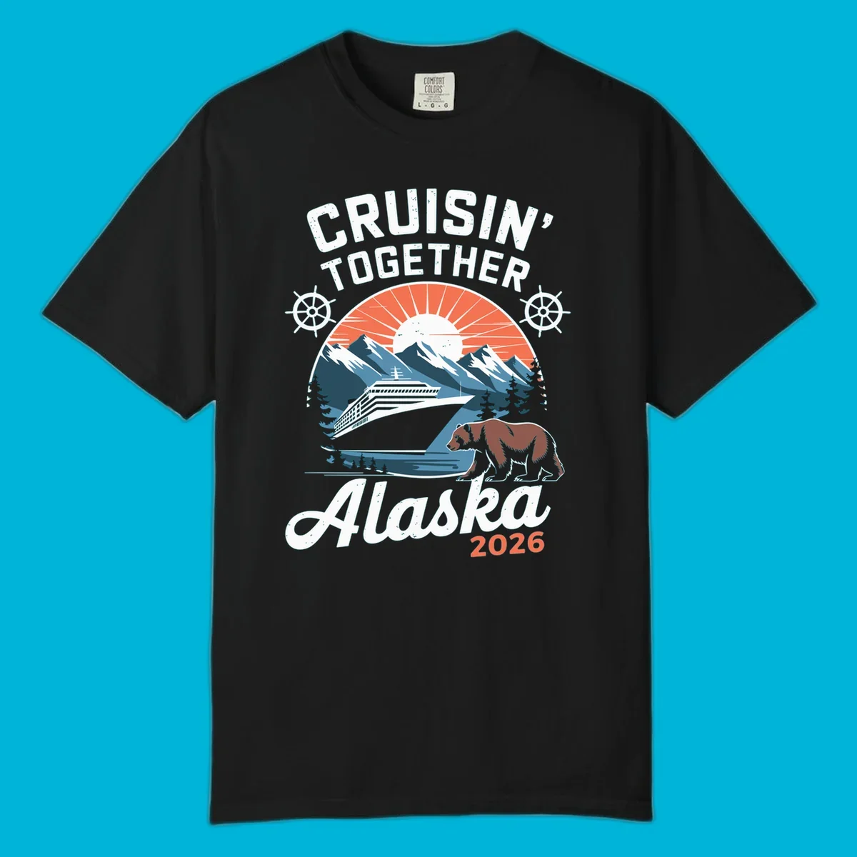 Illustration of an Alaskan cruise ship, mountains, sun, and brown bear with 'CRUISIN' TOGETHER Alaska 2026' text. (cruisin-together-alaska-bear)