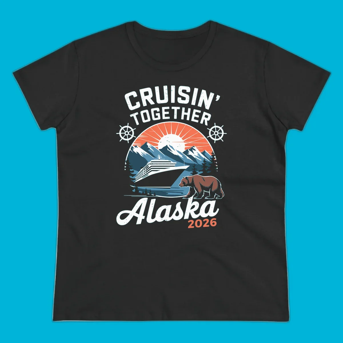 Illustration of an Alaskan cruise ship, mountains, sun, and brown bear with 'CRUISIN' TOGETHER Alaska 2026' text. (cruisin-together-alaska-bear)