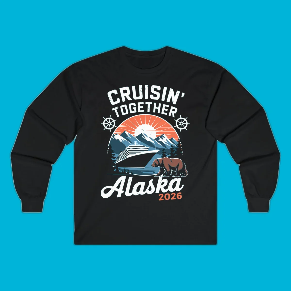 Illustration of an Alaskan cruise ship, mountains, sun, and brown bear with 'CRUISIN' TOGETHER Alaska 2026' text. (cruisin-together-alaska-bear)