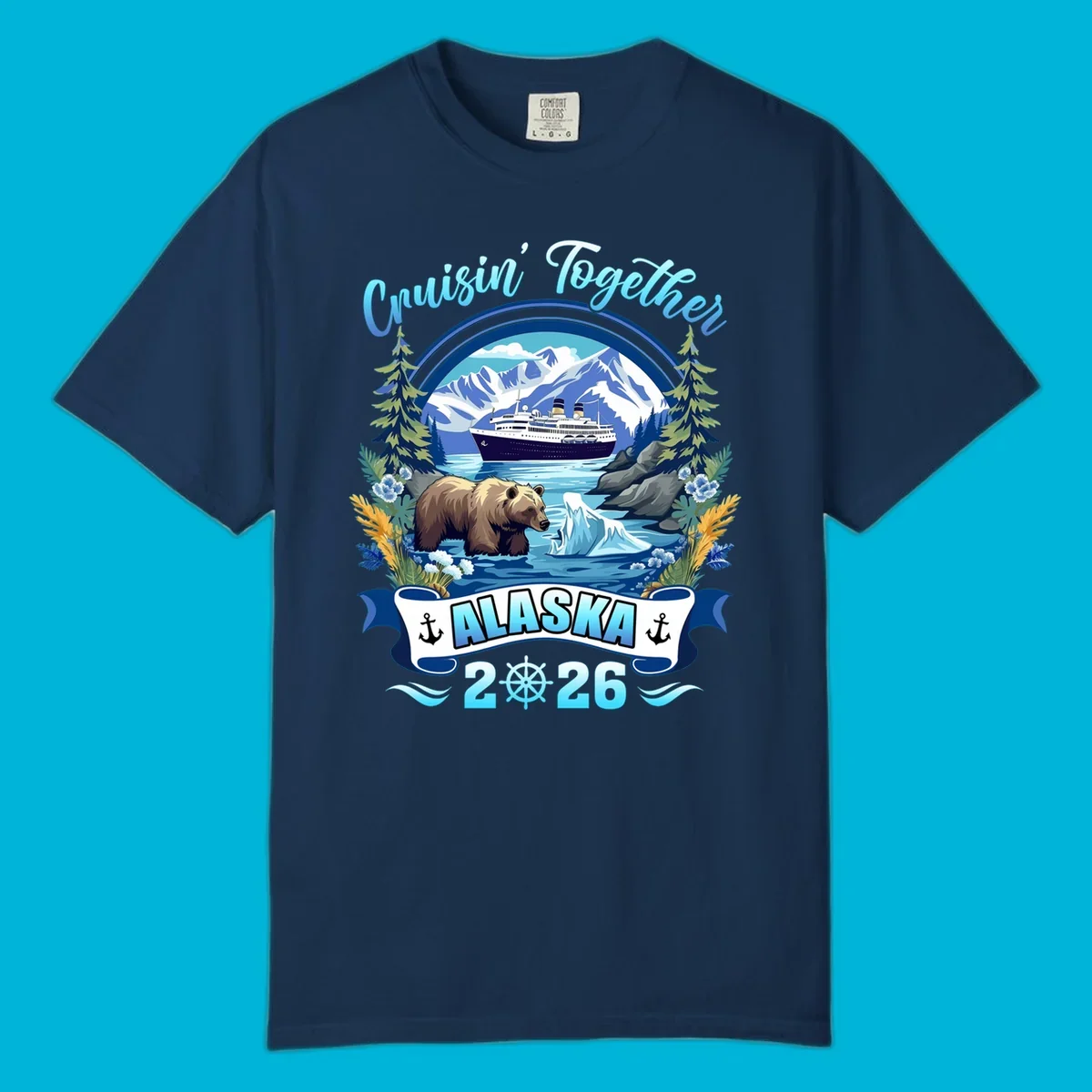 Scenic Alaskan cruise design with a ship, mountains, brown bear, iceberg, and "Cruisin' Together Alaska 2026" text.