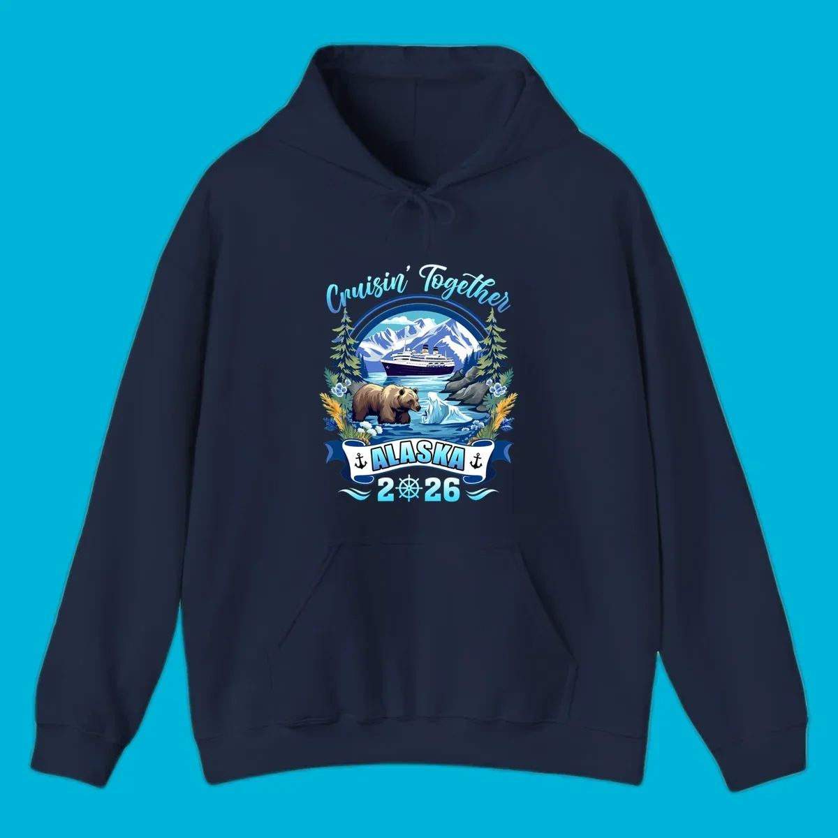 Scenic Alaskan cruise design with a ship, mountains, brown bear, iceberg, and "Cruisin' Together Alaska 2026" text.