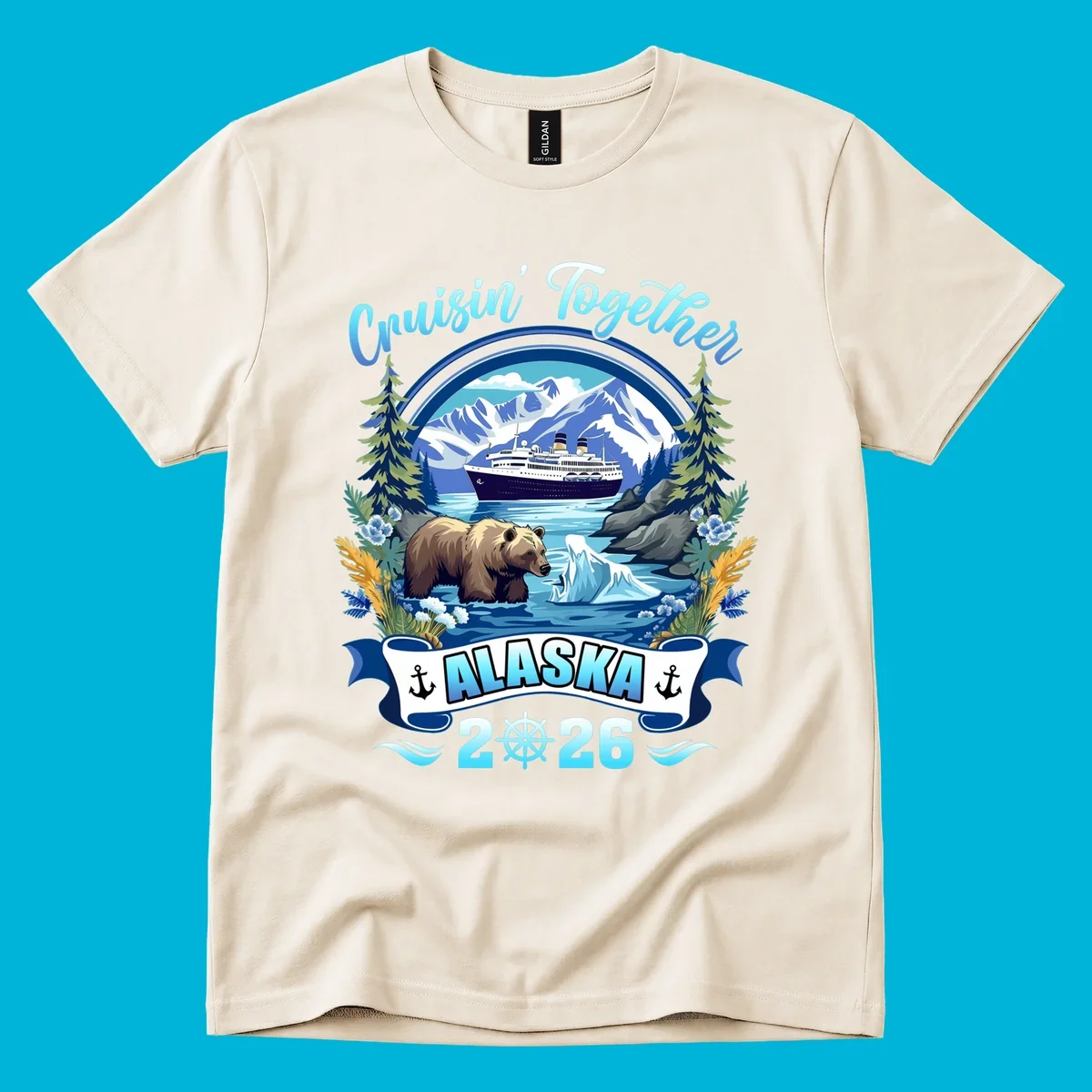 Scenic Alaskan cruise design with a ship, mountains, brown bear, iceberg, and "Cruisin' Together Alaska 2026" text.