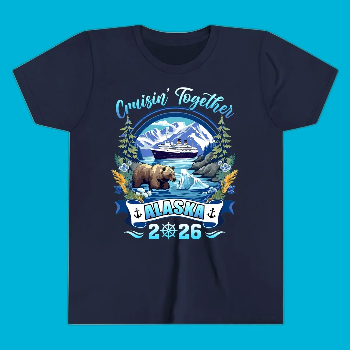 Scenic Alaskan cruise design with a ship, mountains, brown bear, iceberg, and "Cruisin' Together Alaska 2026" text.