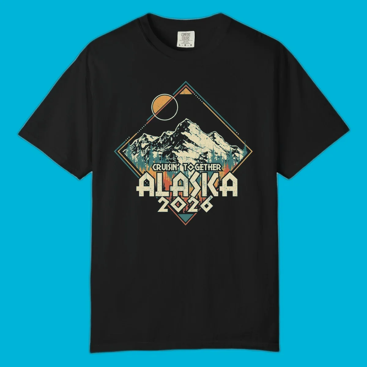 Vintage-style illustration of Alaska mountains and pine trees within a geometric frame, with 'Cruisin' Together Alaska 2026' text, for an Alaska cruise.