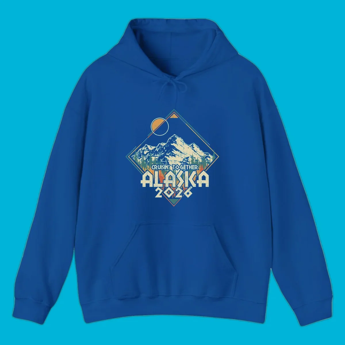 Vintage-style illustration of Alaska mountains and pine trees within a geometric frame, with 'Cruisin' Together Alaska 2026' text, for an Alaska cruise.