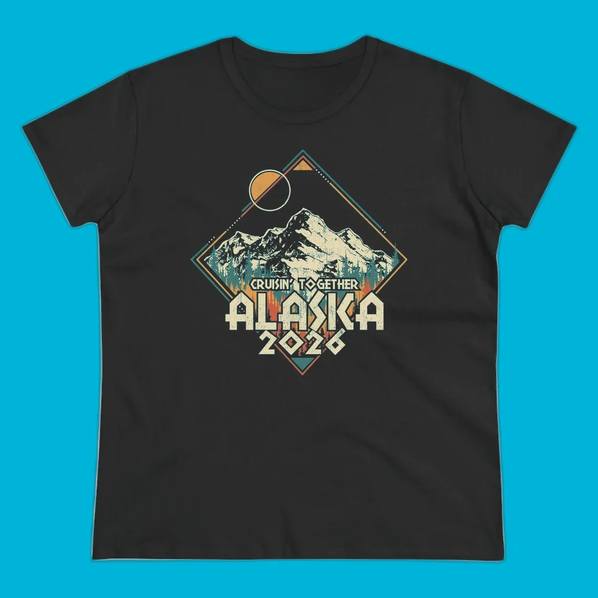 Vintage-style illustration of Alaska mountains and pine trees within a geometric frame, with 'Cruisin' Together Alaska 2026' text, for an Alaska cruise.
