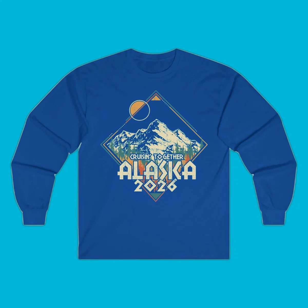 Vintage-style illustration of Alaska mountains and pine trees within a geometric frame, with 'Cruisin' Together Alaska 2026' text, for an Alaska cruise.