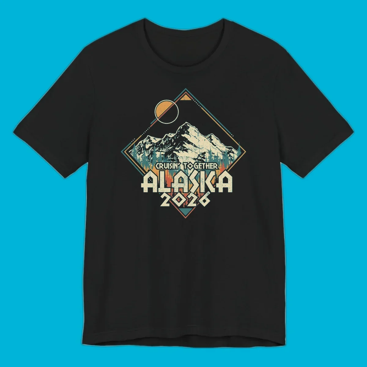 Vintage-style illustration of Alaska mountains and pine trees within a geometric frame, with 'Cruisin' Together Alaska 2026' text, for an Alaska cruise.