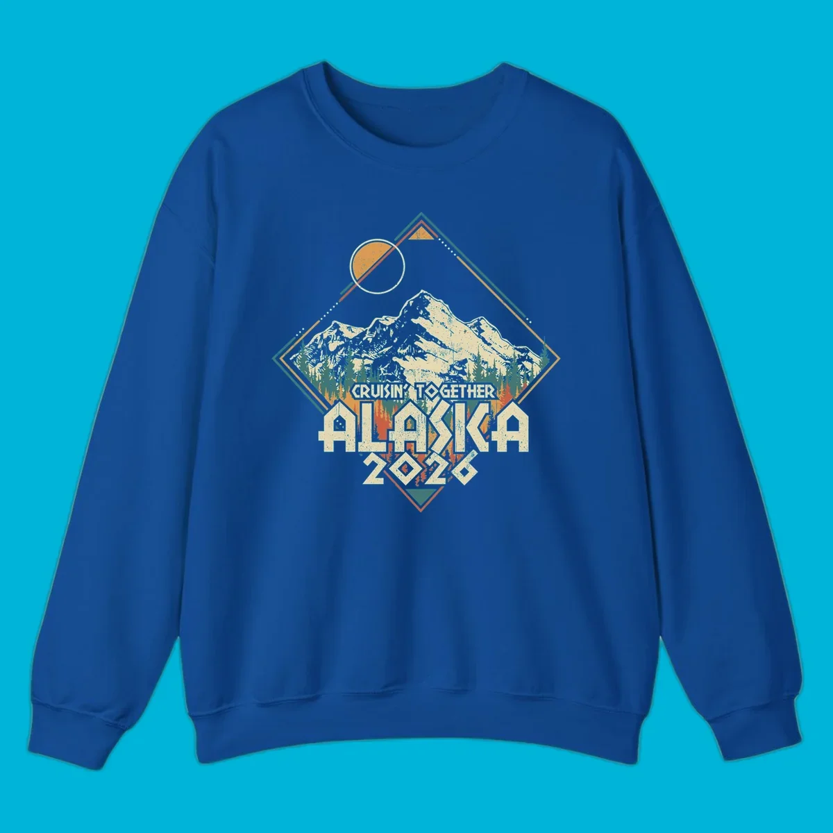 Vintage-style illustration of Alaska mountains and pine trees within a geometric frame, with 'Cruisin' Together Alaska 2026' text, for an Alaska cruise.