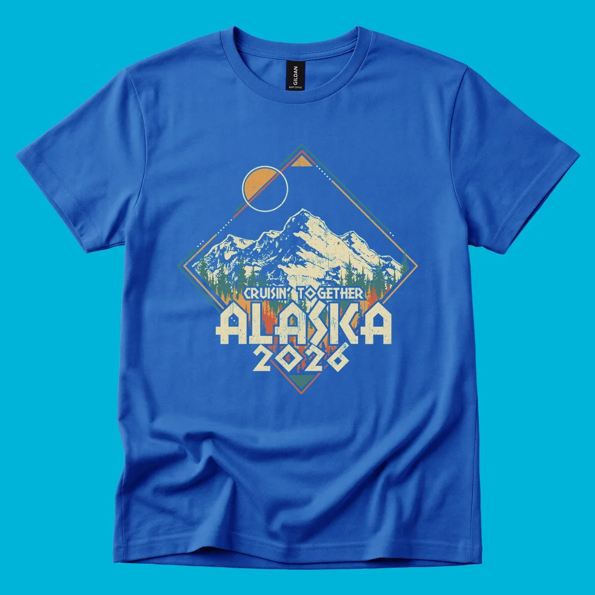 Vintage-style illustration of Alaska mountains and pine trees within a geometric frame, with 'Cruisin' Together Alaska 2026' text, for an Alaska cruise.