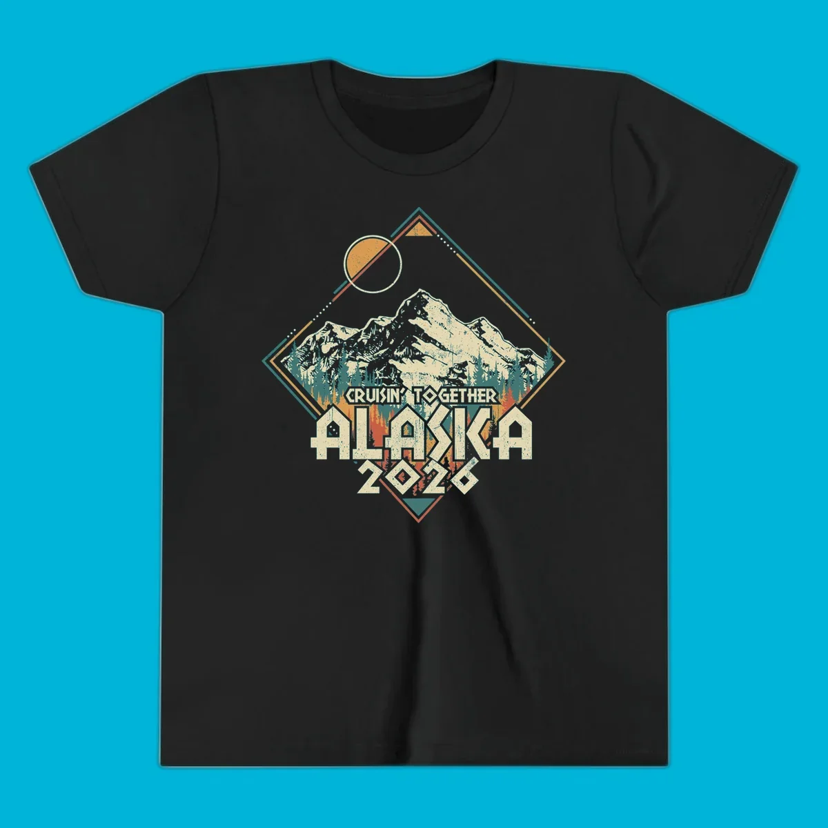 Vintage-style illustration of Alaska mountains and pine trees within a geometric frame, with 'Cruisin' Together Alaska 2026' text, for an Alaska cruise.