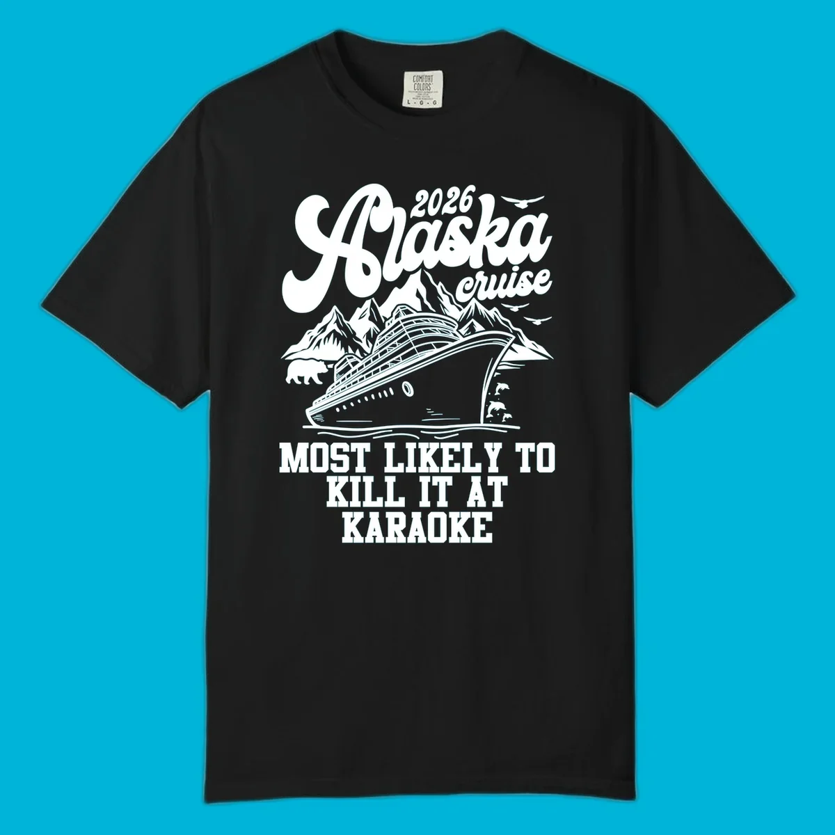 A vintage-style illustration for the 2026 Alaska cruise karaoke enthusiast, featuring a ship, mountains, bear, and dolphins.