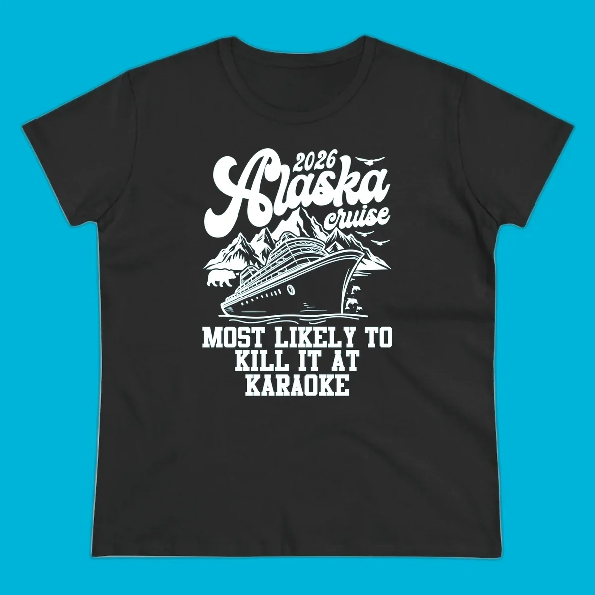 A vintage-style illustration for the 2026 Alaska cruise karaoke enthusiast, featuring a ship, mountains, bear, and dolphins.