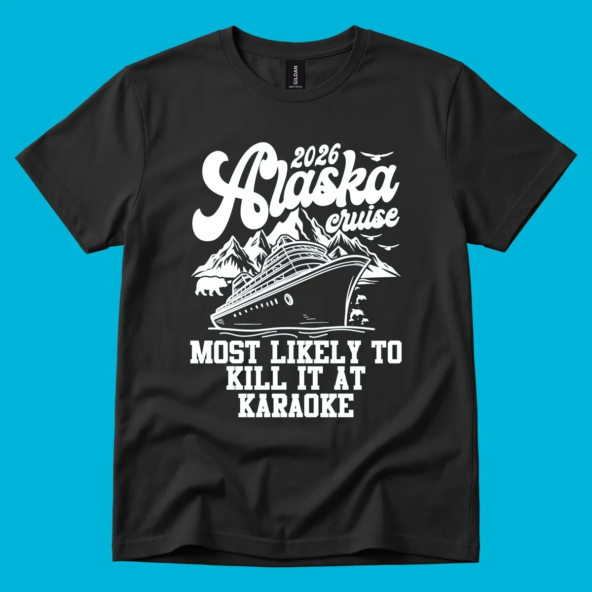 A vintage-style illustration for the 2026 Alaska cruise karaoke enthusiast, featuring a ship, mountains, bear, and dolphins.