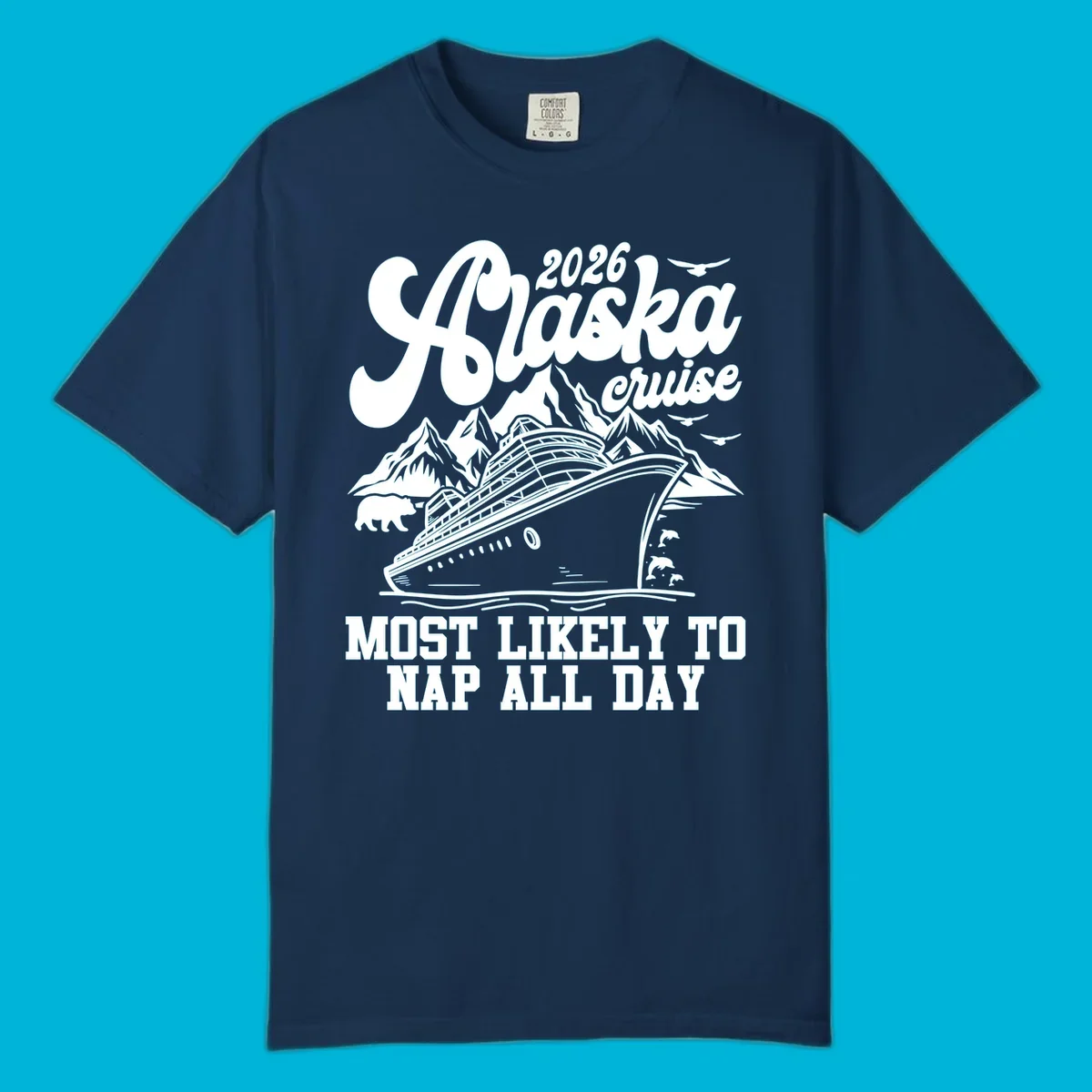 An illustration for an alaska-cruise-nap-day shows a cruise ship, mountains, a bear, birds, and dolphins with text.