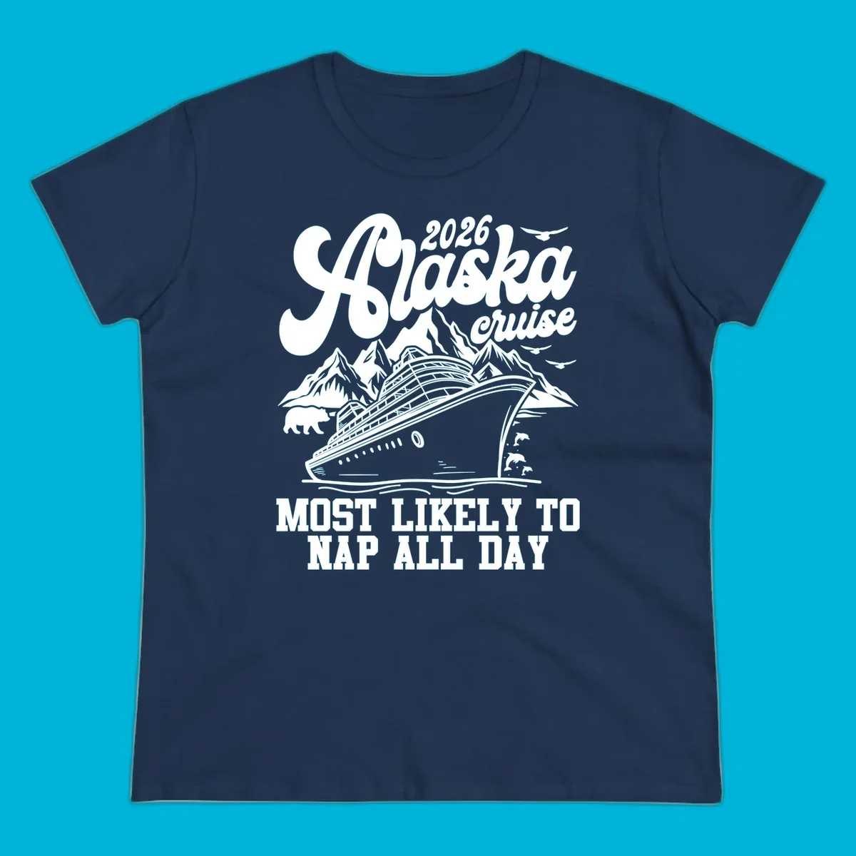 An illustration for an alaska-cruise-nap-day shows a cruise ship, mountains, a bear, birds, and dolphins with text.