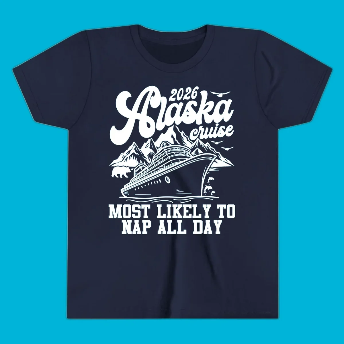 An illustration for an alaska-cruise-nap-day shows a cruise ship, mountains, a bear, birds, and dolphins with text.