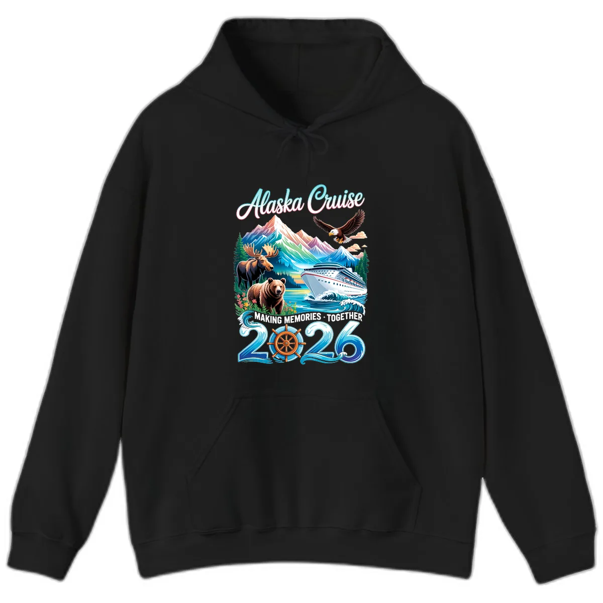 Alaska Cruise 2026 Wildlife and Ship Design Hoodie in Black