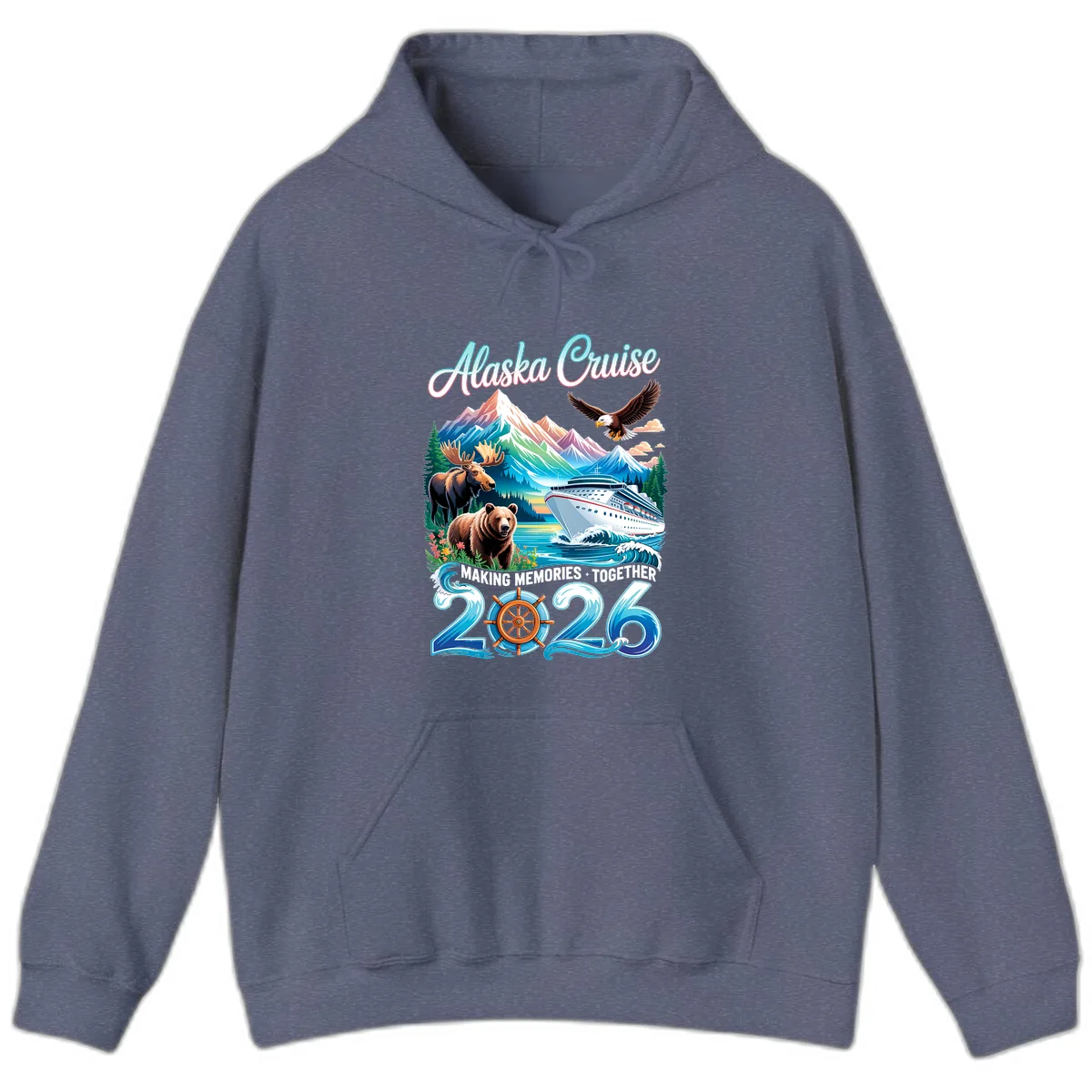 Alaska Cruise 2026 Wildlife and Ship Design Hoodie in Heather Navy