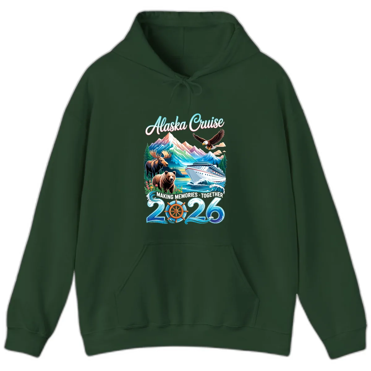 Alaska Cruise 2026 Wildlife and Ship Design Hoodie in Forest Green