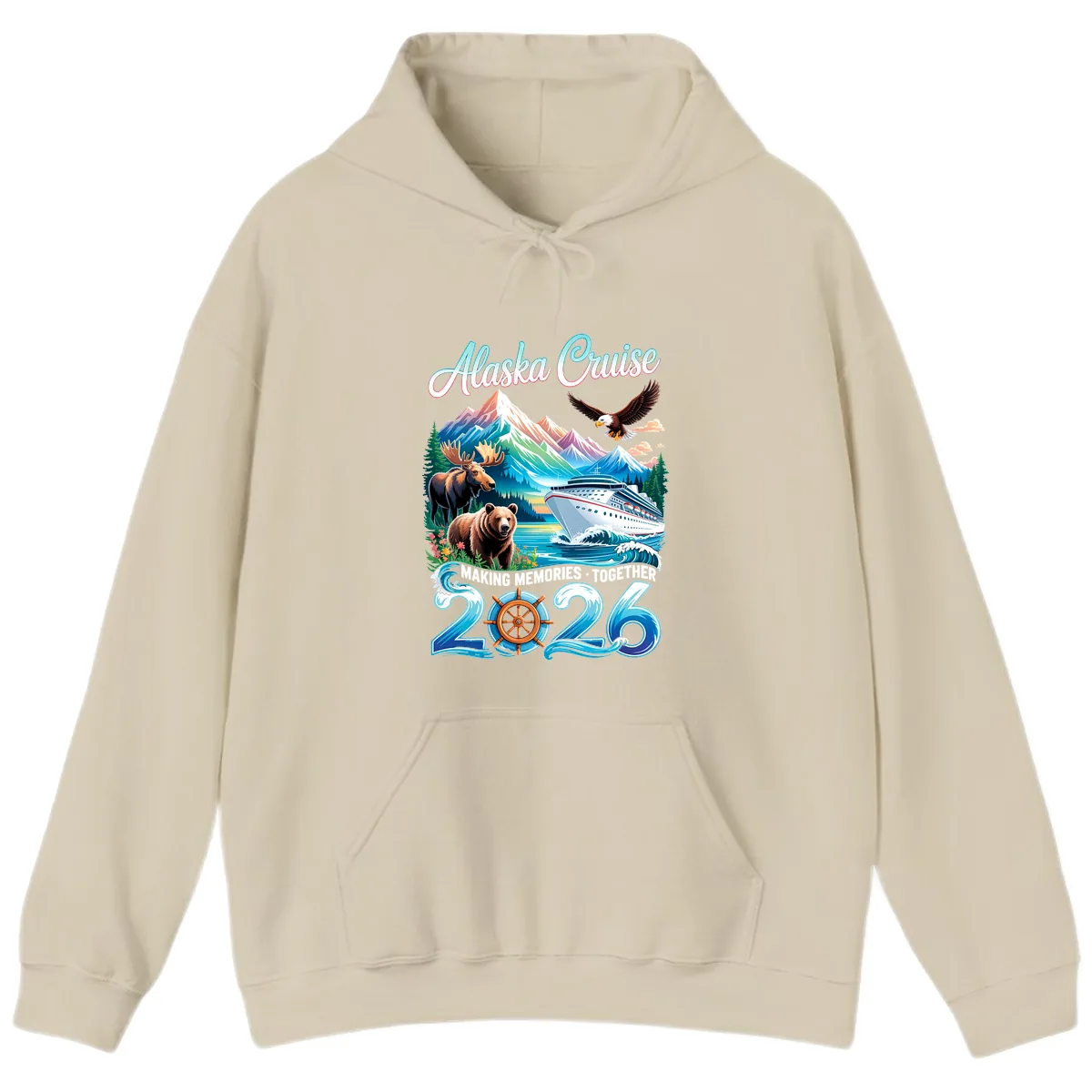 Alaska Cruise 2026 Wildlife and Ship Design Hoodie in Sand
