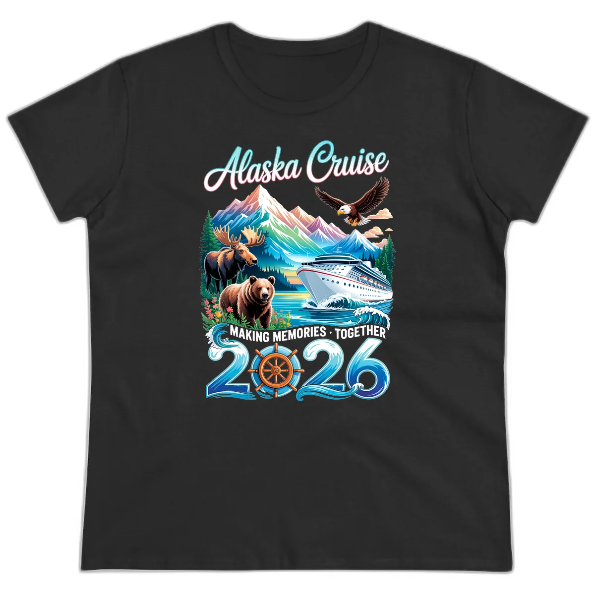 Alaska Cruise 2026 Wildlife and Ship Design Ladies Tee in Black