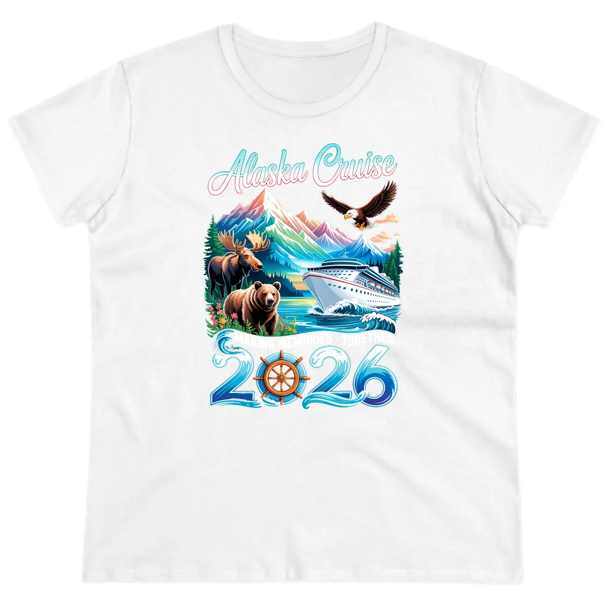 Alaska Cruise 2026 Wildlife and Ship Design Ladies Tee in White