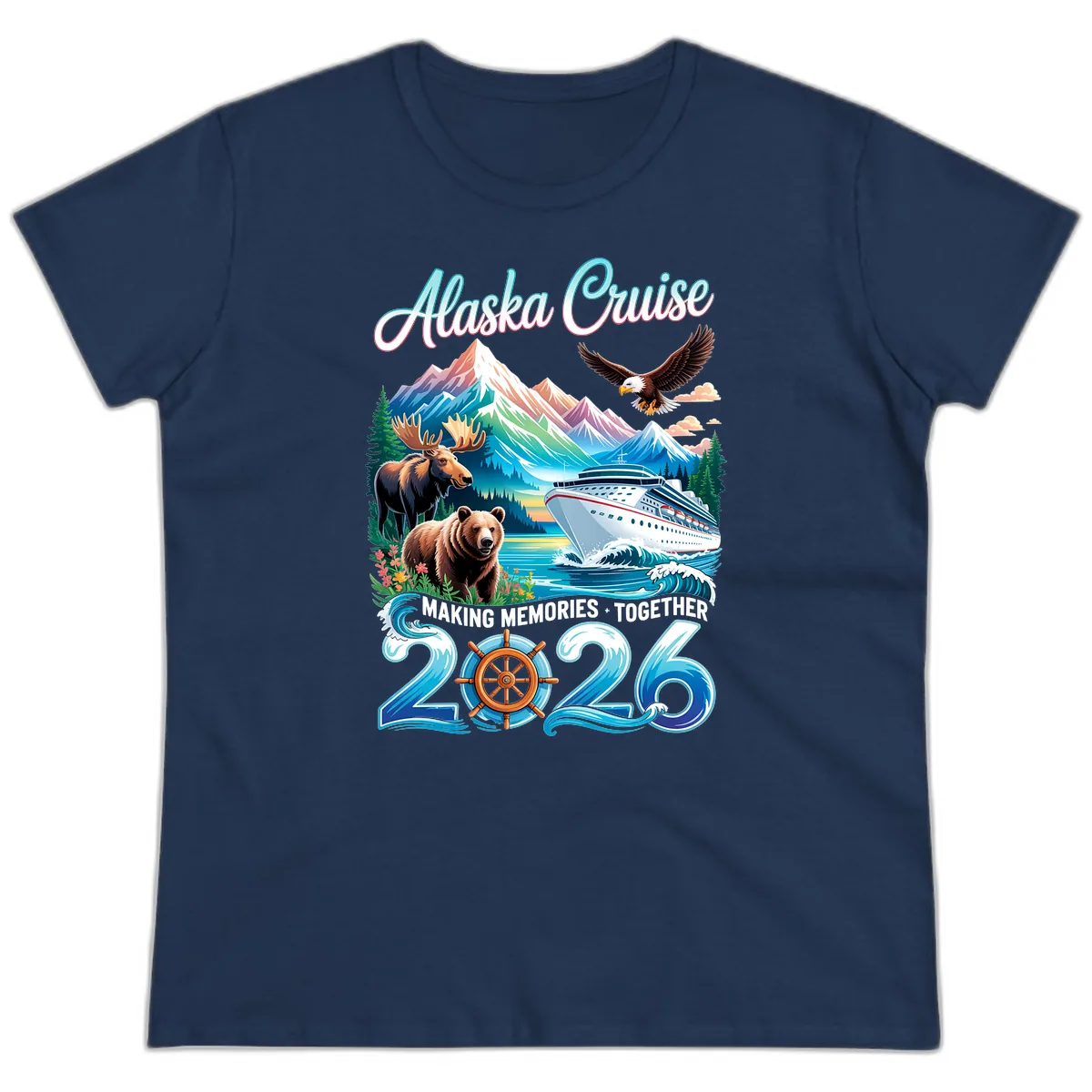 Alaska Cruise 2026 Wildlife and Ship Design Ladies Tee in Navy
