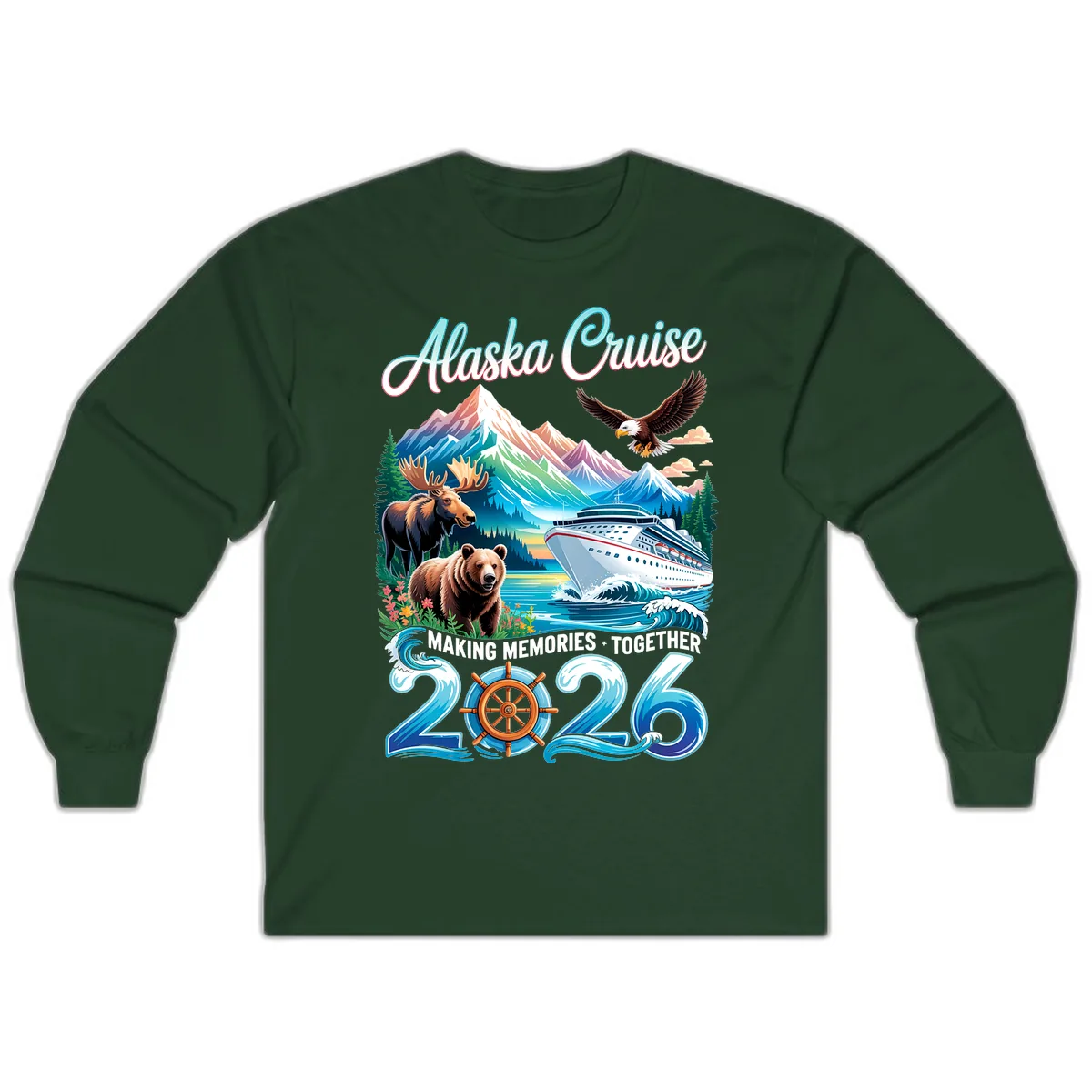 Alaska Cruise 2026 Wildlife and Ship Design Long Sleeve in Forest Green