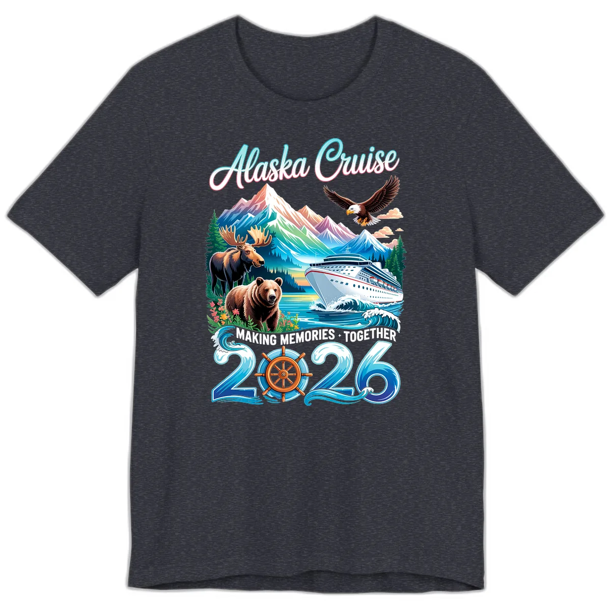 Alaska Cruise 2026 Wildlife and Ship Design Premium T-Shirt in Heather Navy
