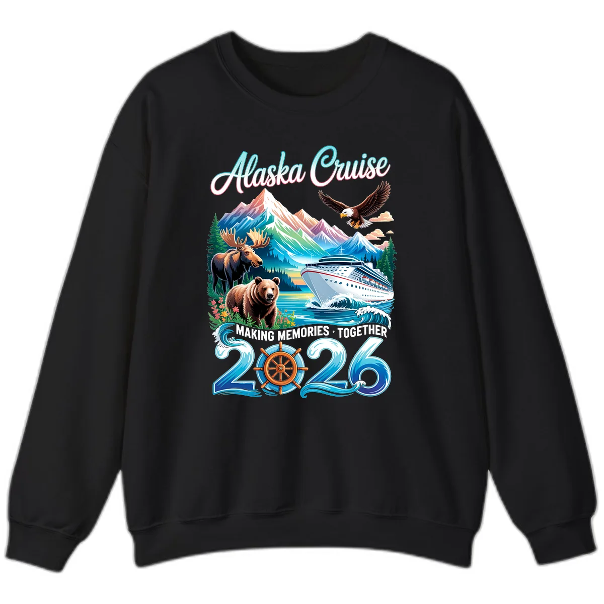 Alaska Cruise 2026 Wildlife and Ship Design Sweatshirt in Black