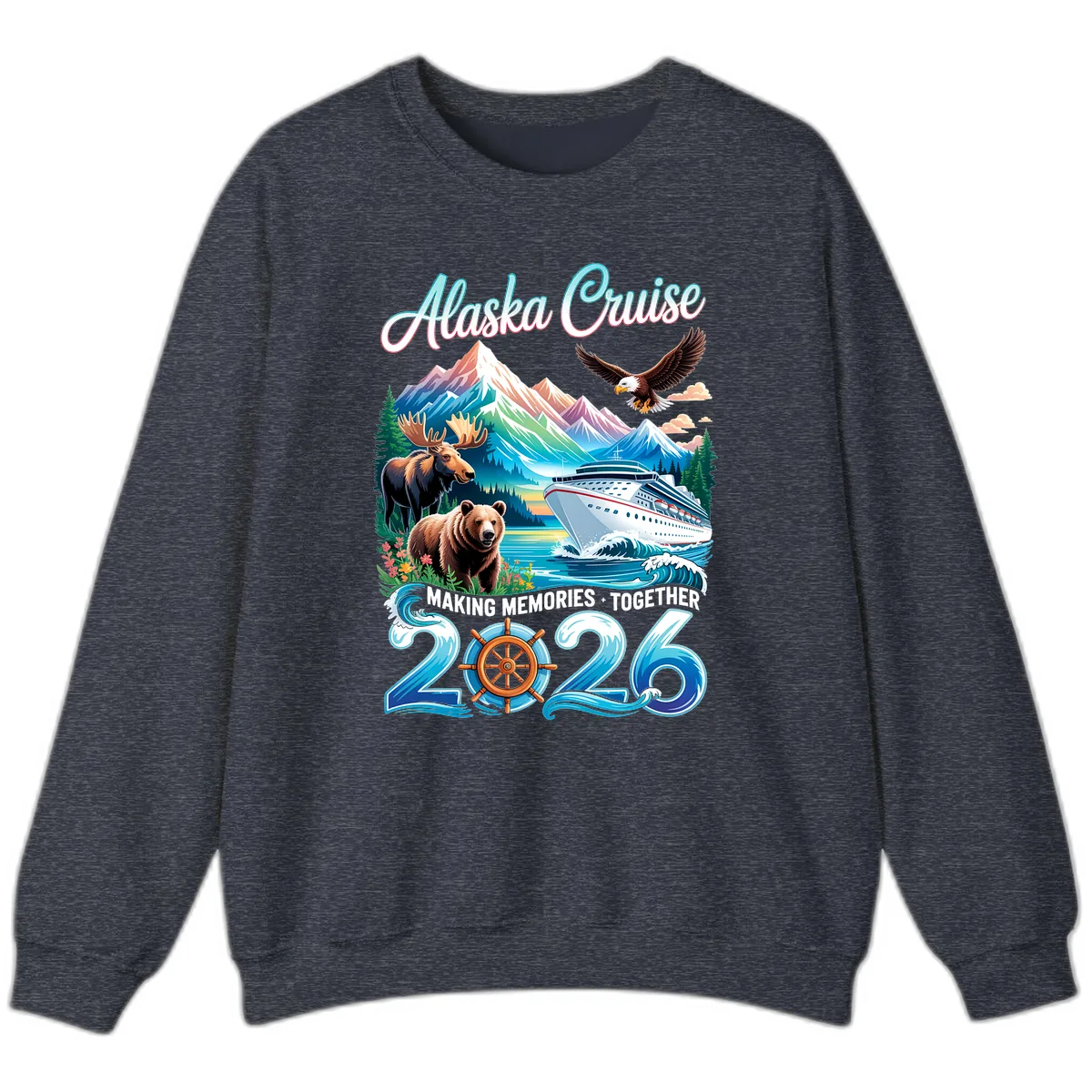 Alaska Cruise 2026 Wildlife and Ship Design Sweatshirt in Heather Sport Dark Navy