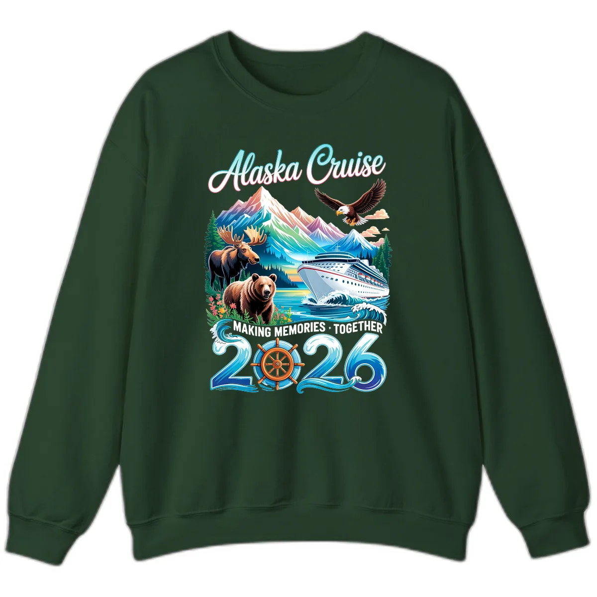 Alaska Cruise 2026 Wildlife and Ship Design Sweatshirt in Forest Green