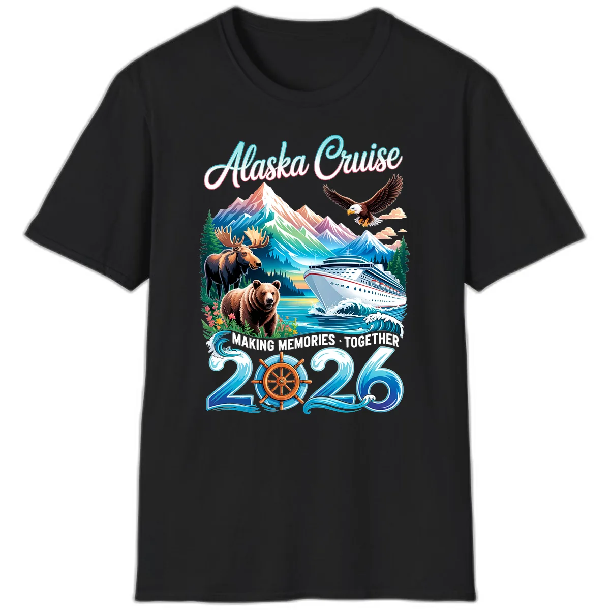 Alaska Cruise 2026 Wildlife and Ship Design T-Shirt in Black