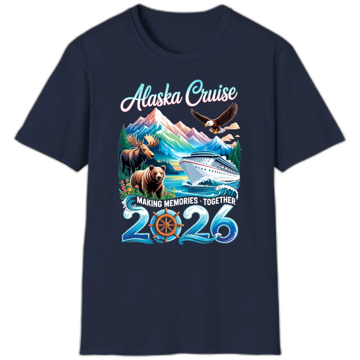 Alaska Cruise 2026 Wildlife and Ship Design T-Shirt in Navy
