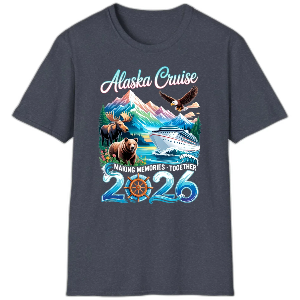 Alaska Cruise 2026 Wildlife and Ship Design T-Shirt in Heather Navy