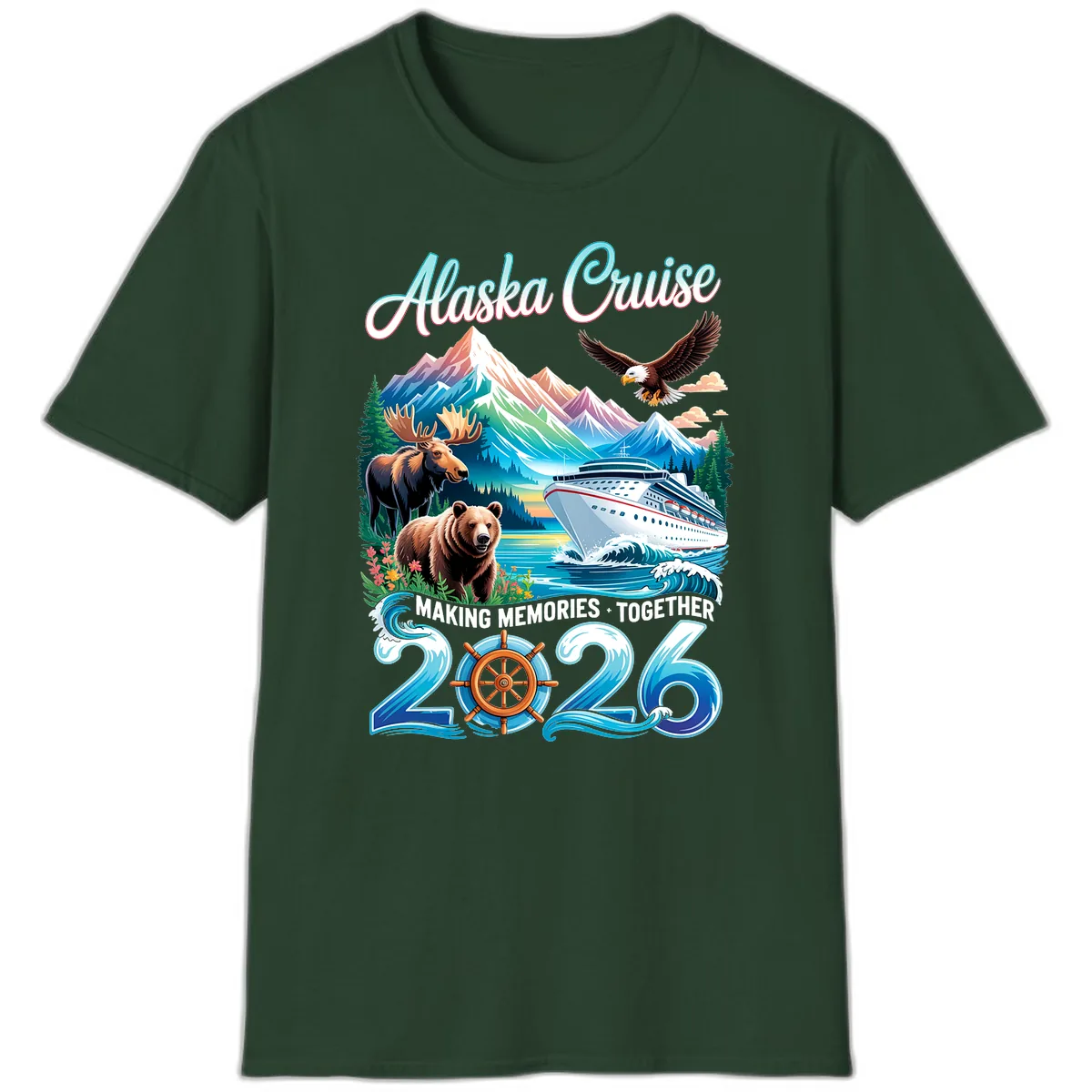 Alaska Cruise 2026 Wildlife and Ship Design T-Shirt in Forest Green