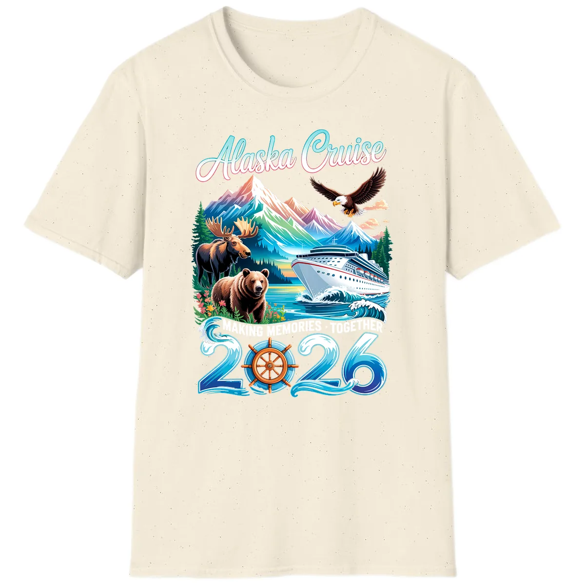 Alaska Cruise 2026 Wildlife and Ship Design T-Shirt in Natural