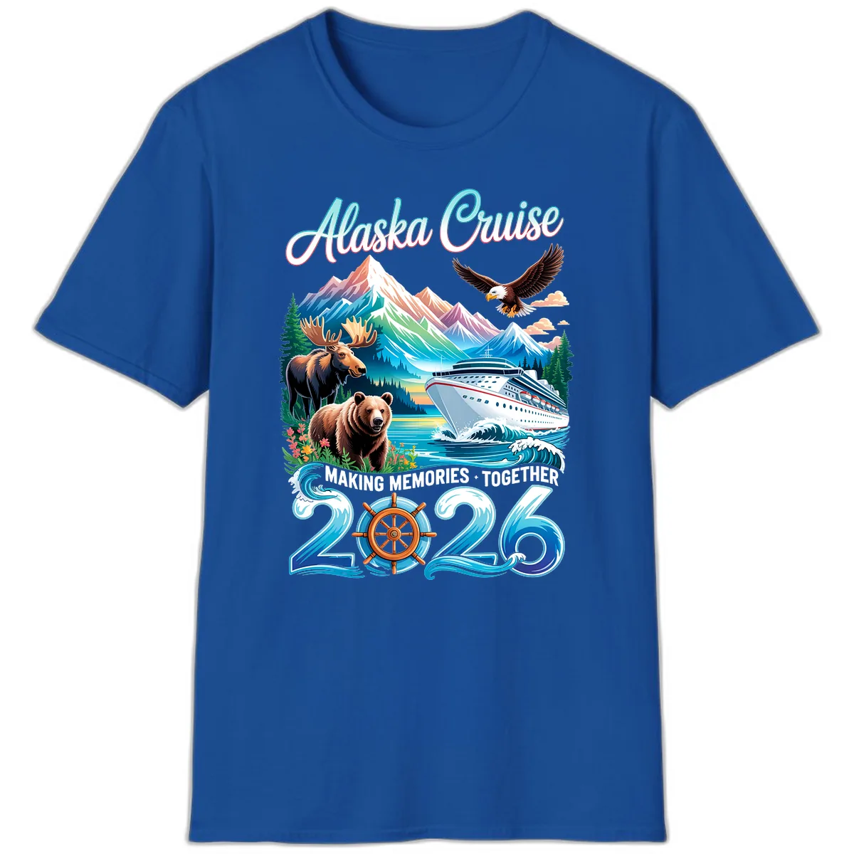 Alaska Cruise 2026 Wildlife and Ship Design T-Shirt in Royal