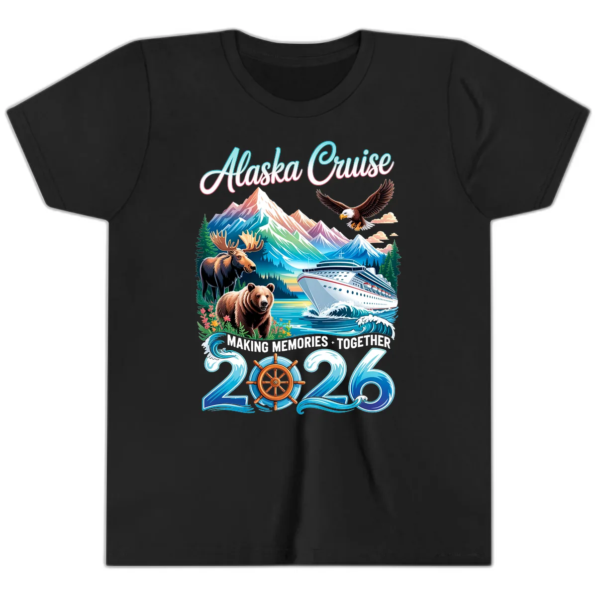 Alaska Cruise 2026 Wildlife and Ship Design Youth T-Shirt in Black