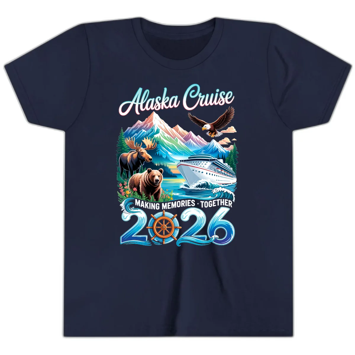 Alaska Cruise 2026 Wildlife and Ship Design Youth T-Shirt in Navy