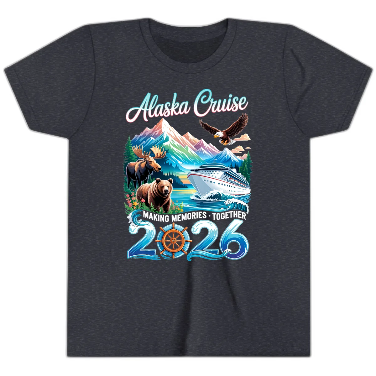 Alaska Cruise 2026 Wildlife and Ship Design Youth T-Shirt in Heather Navy
