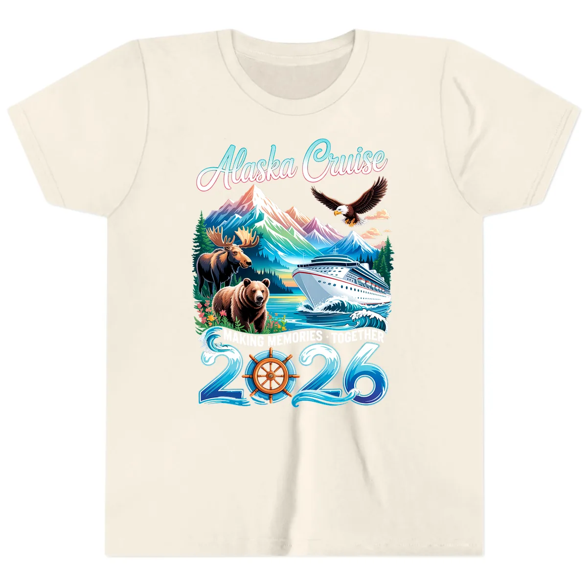 Alaska Cruise 2026 Wildlife and Ship Design Youth T-Shirt in Natural
