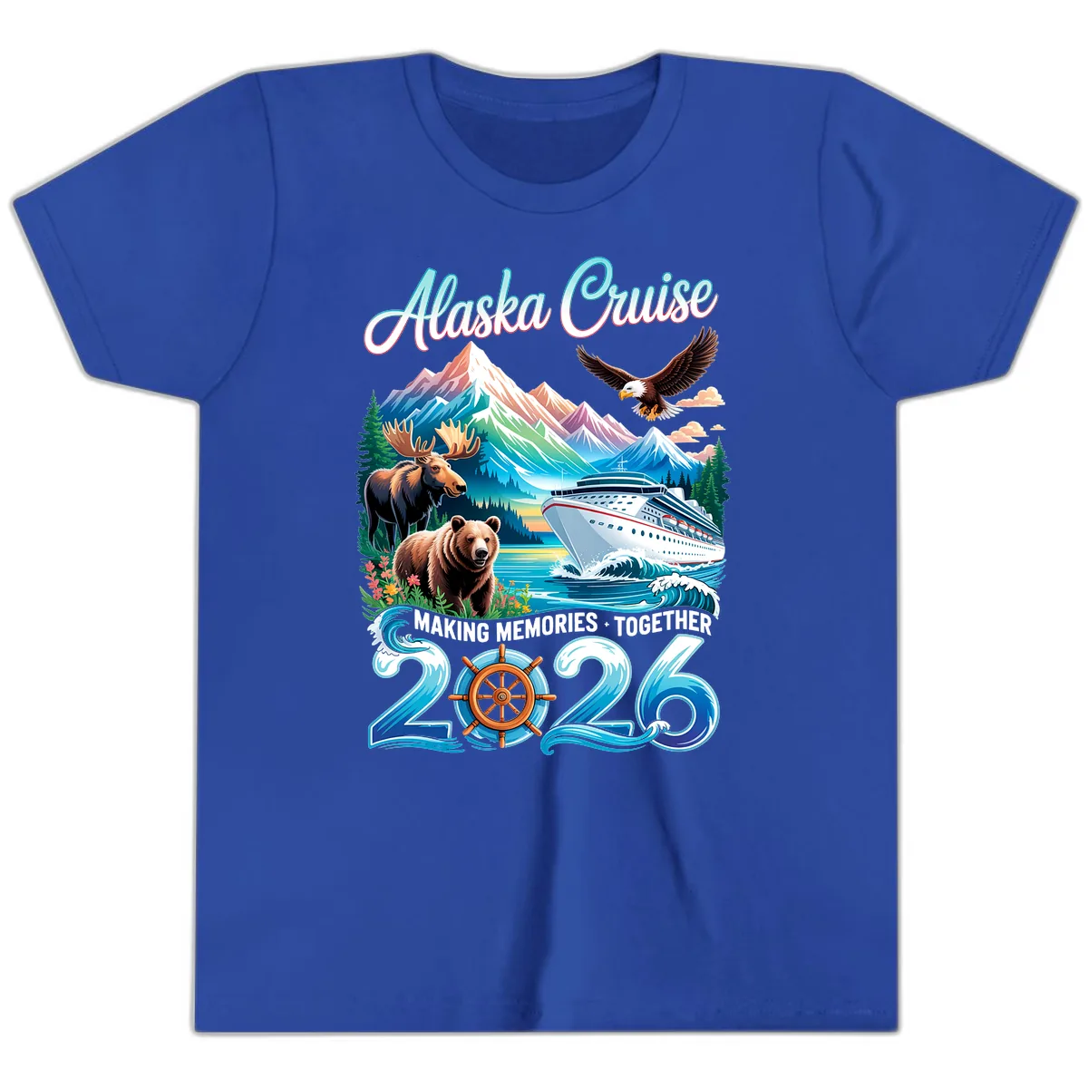 Alaska Cruise 2026 Wildlife and Ship Design Youth T-Shirt in True Royal