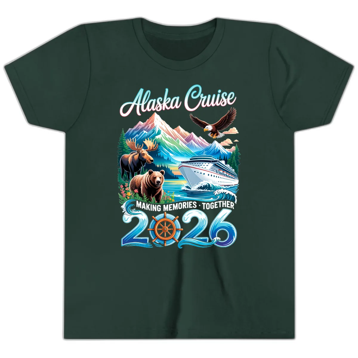 Alaska Cruise 2026 Wildlife and Ship Design Youth T-Shirt in Forest