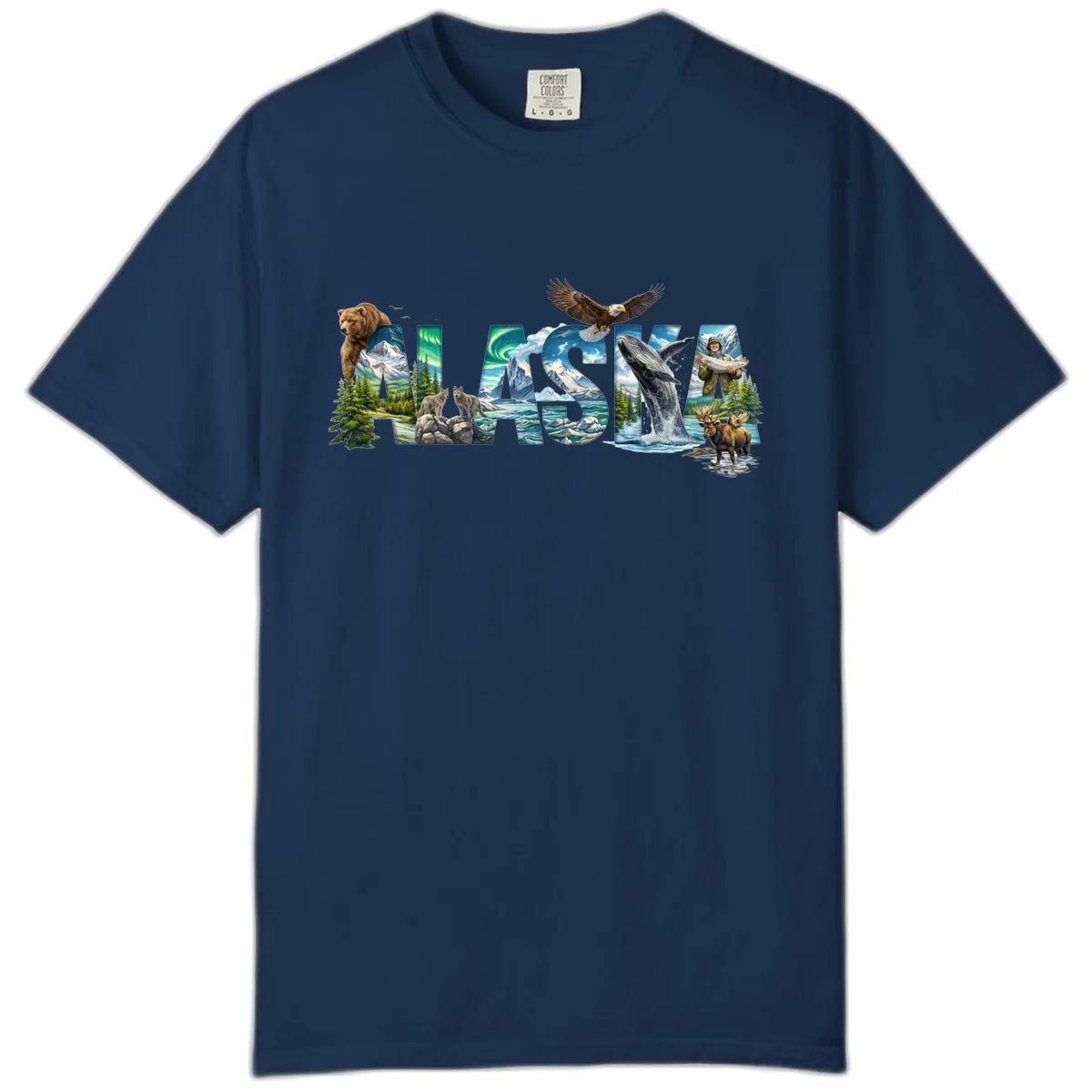 Alaskan Landscapes and Wildlife Text Comfort Color in Navy