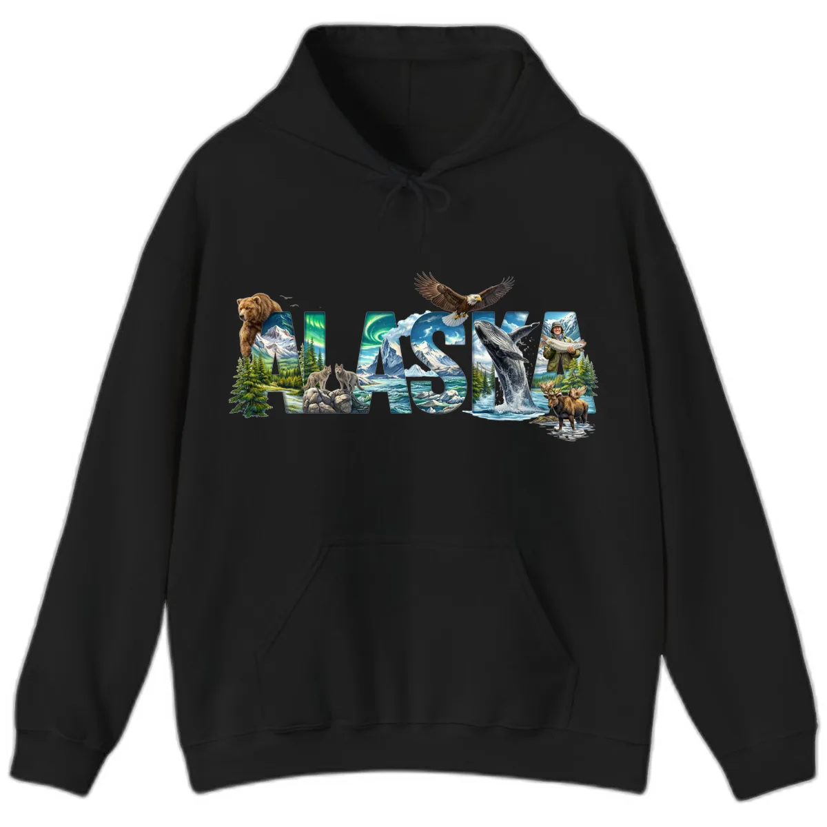 Alaskan Landscapes and Wildlife Text Hoodie in Black