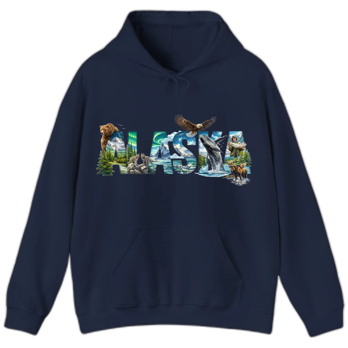 Alaskan Landscapes and Wildlife Text Hoodie in Navy